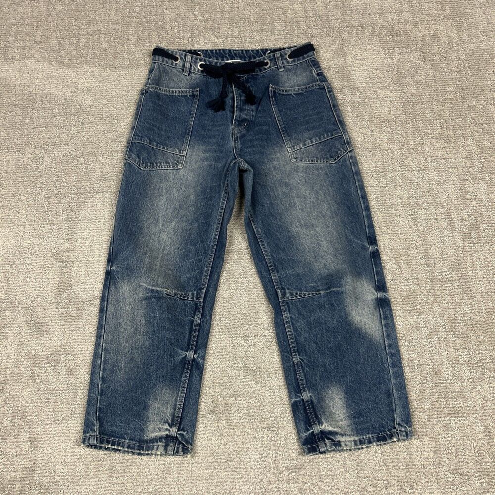 Aaron & Amber Jeans Womens Large Barrel Leg Blue Denim Cargo Button Fly Belted